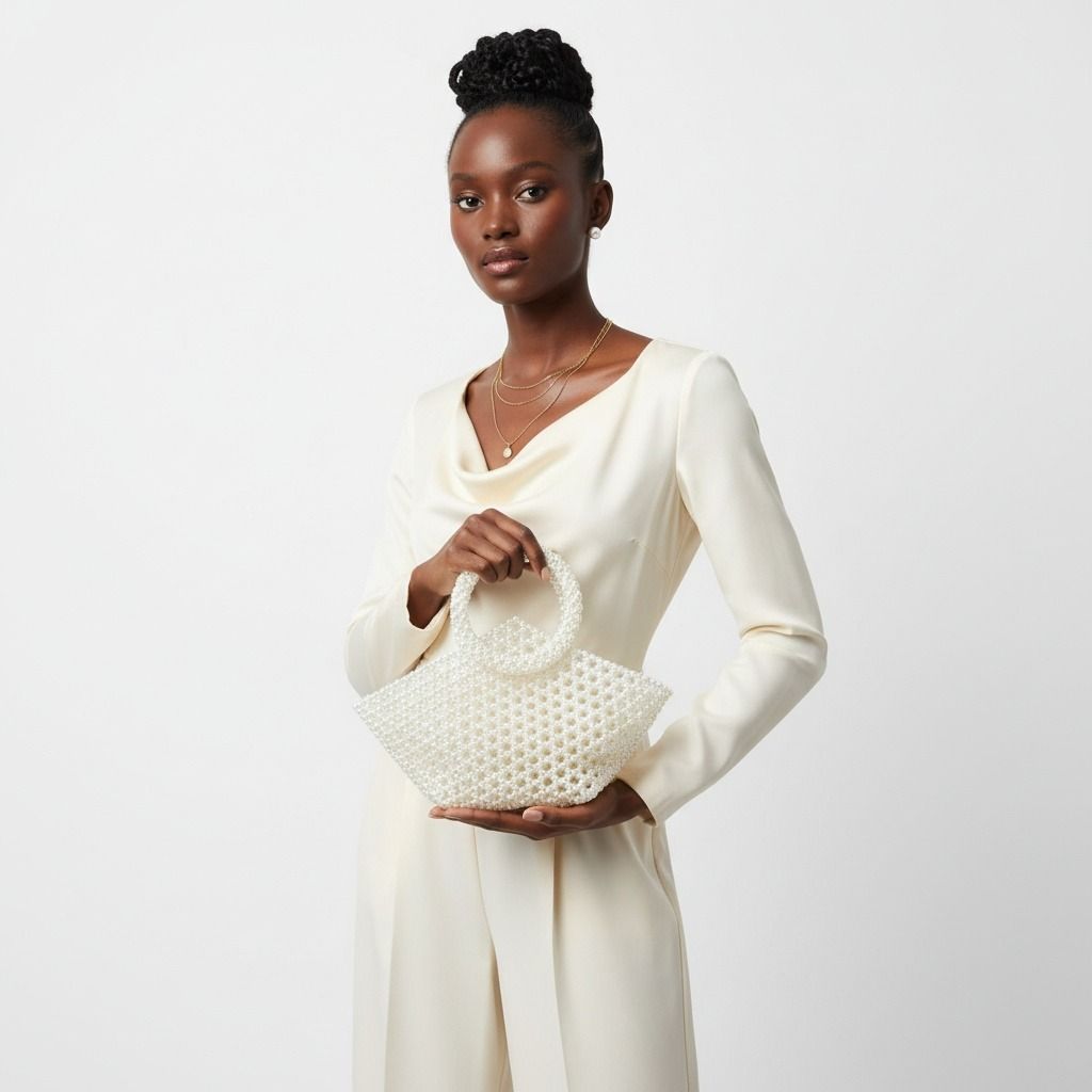 Fashion Handbag Top Handle Trapeze Cream Pearl Woven Stylish Bag