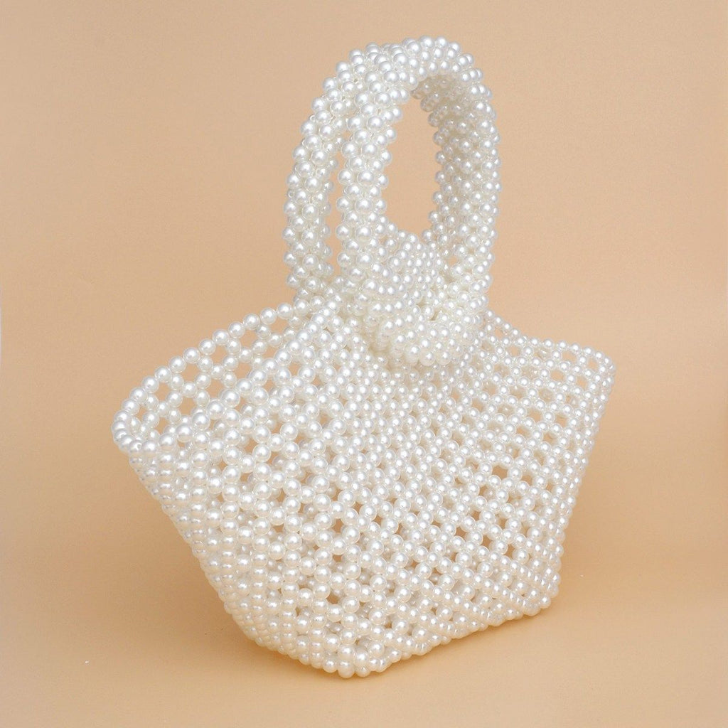 Fashion Handbag Top Handle Trapeze Cream Pearl Woven Stylish Bag