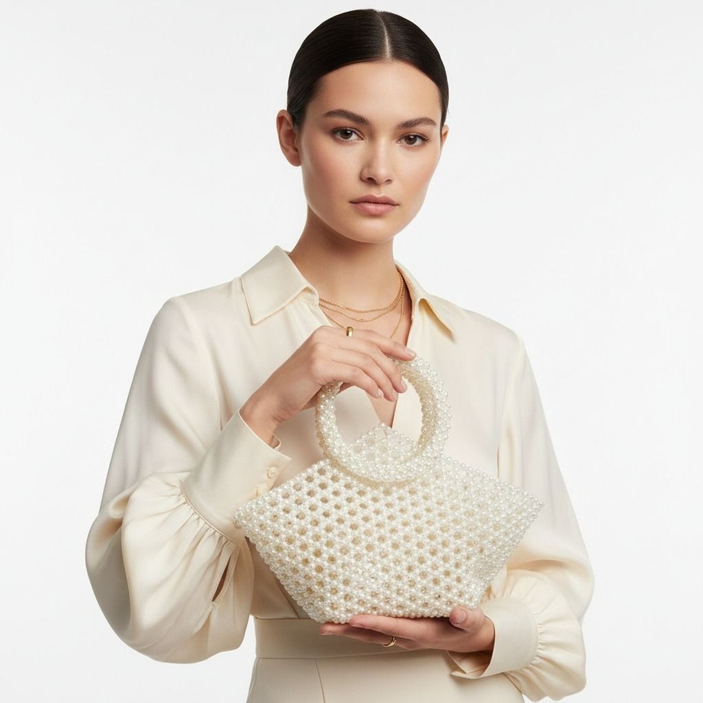 Fashion Handbag Top Handle Trapeze Cream Pearl Woven Stylish Bag