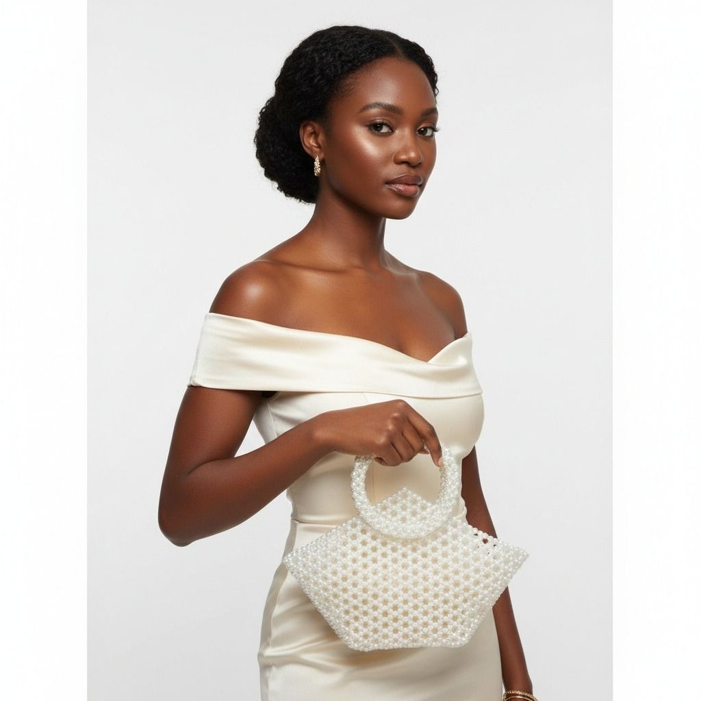 Fashion Handbag Top Handle Trapeze Cream Pearl Woven Stylish Bag