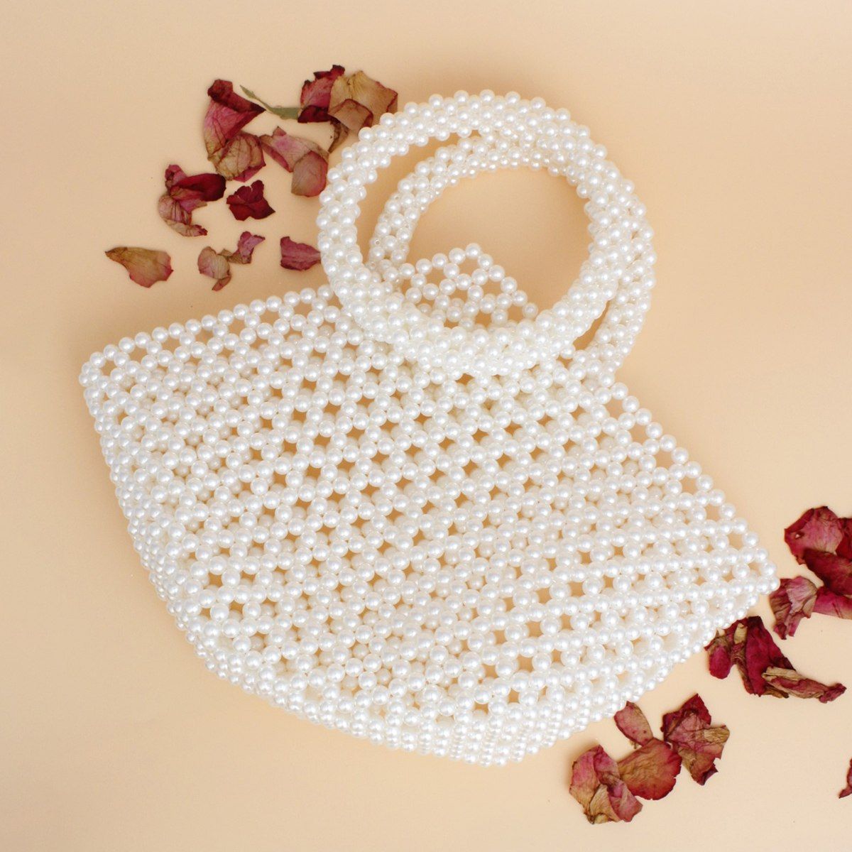 Fashion Handbag Top Handle Trapeze Cream Pearl Woven Stylish Bag