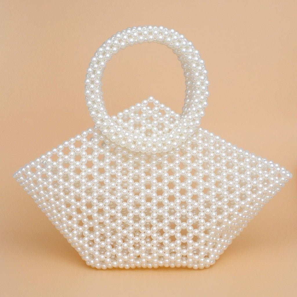Fashion Handbag Top Handle Trapeze Cream Pearl Woven Stylish Bag
