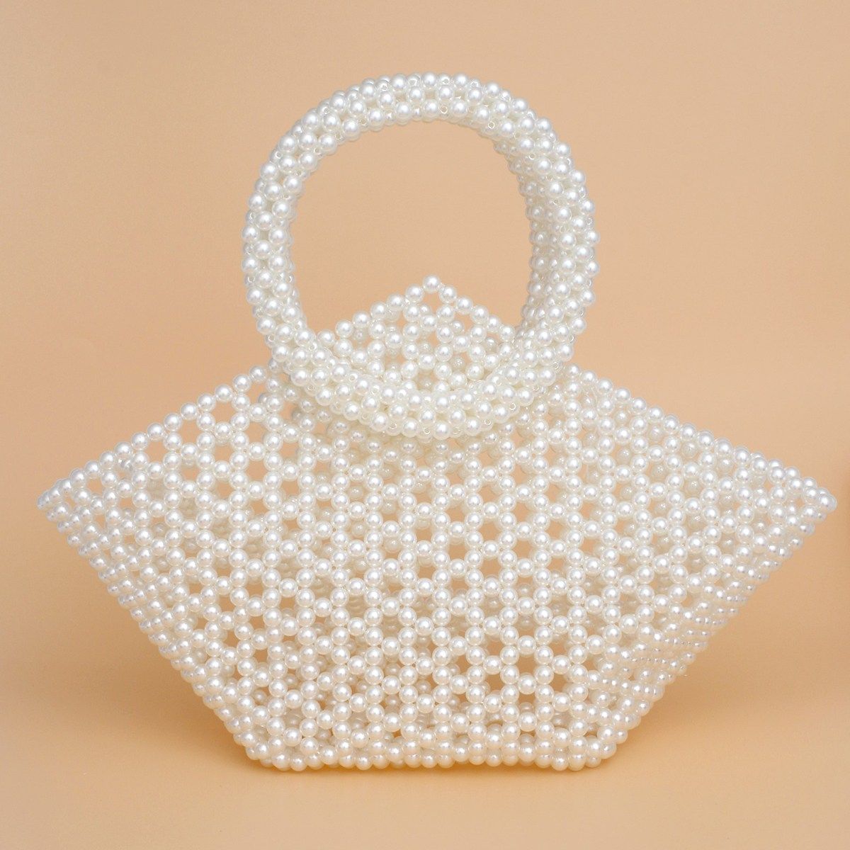 Fashion Handbag Top Handle Trapeze Cream Pearl Woven Stylish Bag