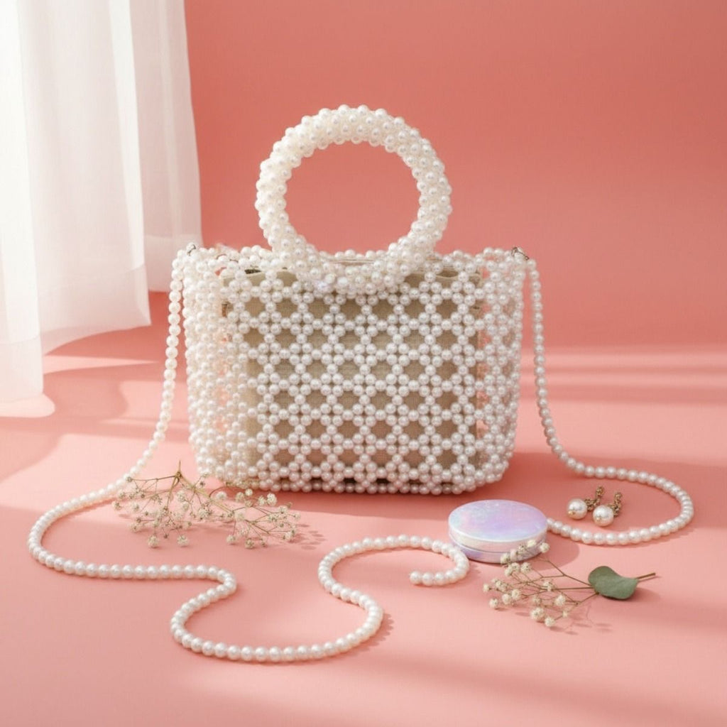 Fashion Handbag Top Handle Square Cream Pearl Woven Chic Statement Bag