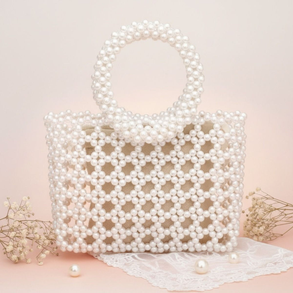 Fashion Handbag Top Handle Square Cream Pearl Woven Chic Statement Bag