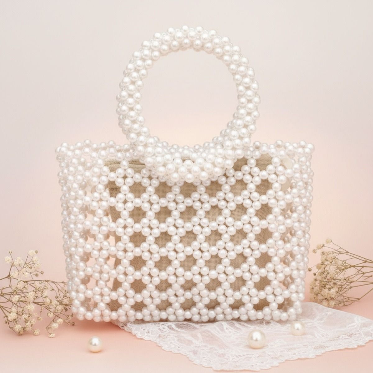 Fashion Handbag Top Handle Square Cream Pearl Woven Chic Statement Bag