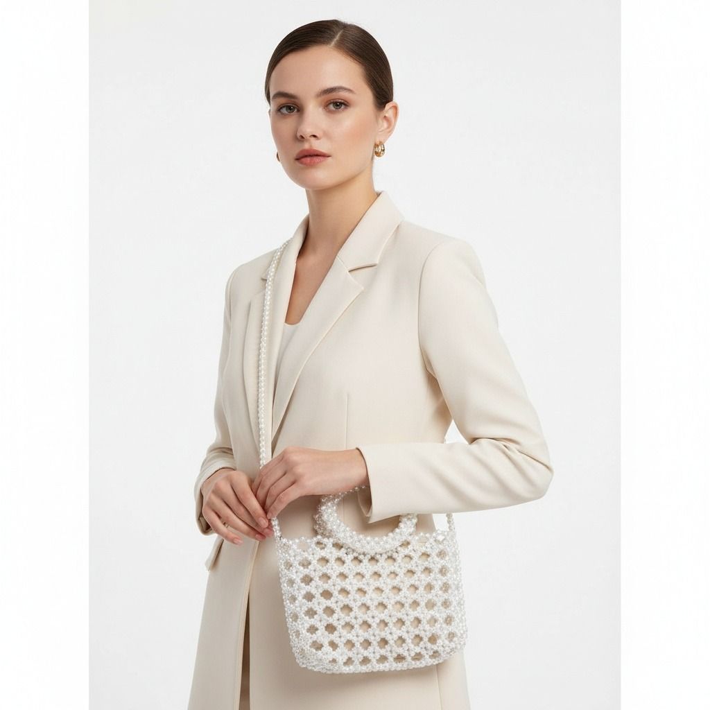 Fashion Handbag Top Handle Square Cream Pearl Woven Chic Statement Bag