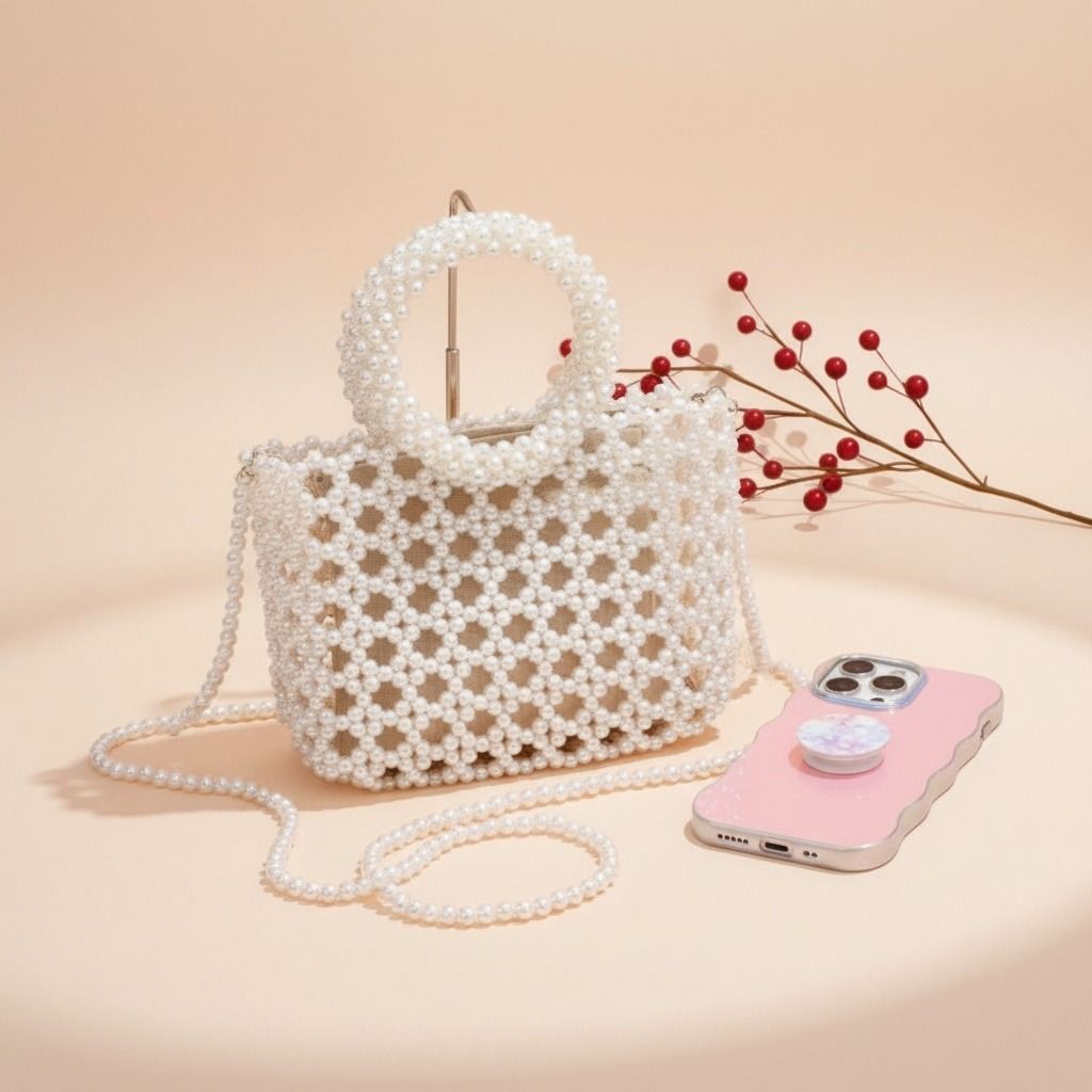 Fashion Handbag Top Handle Square Cream Pearl Woven Chic Statement Bag