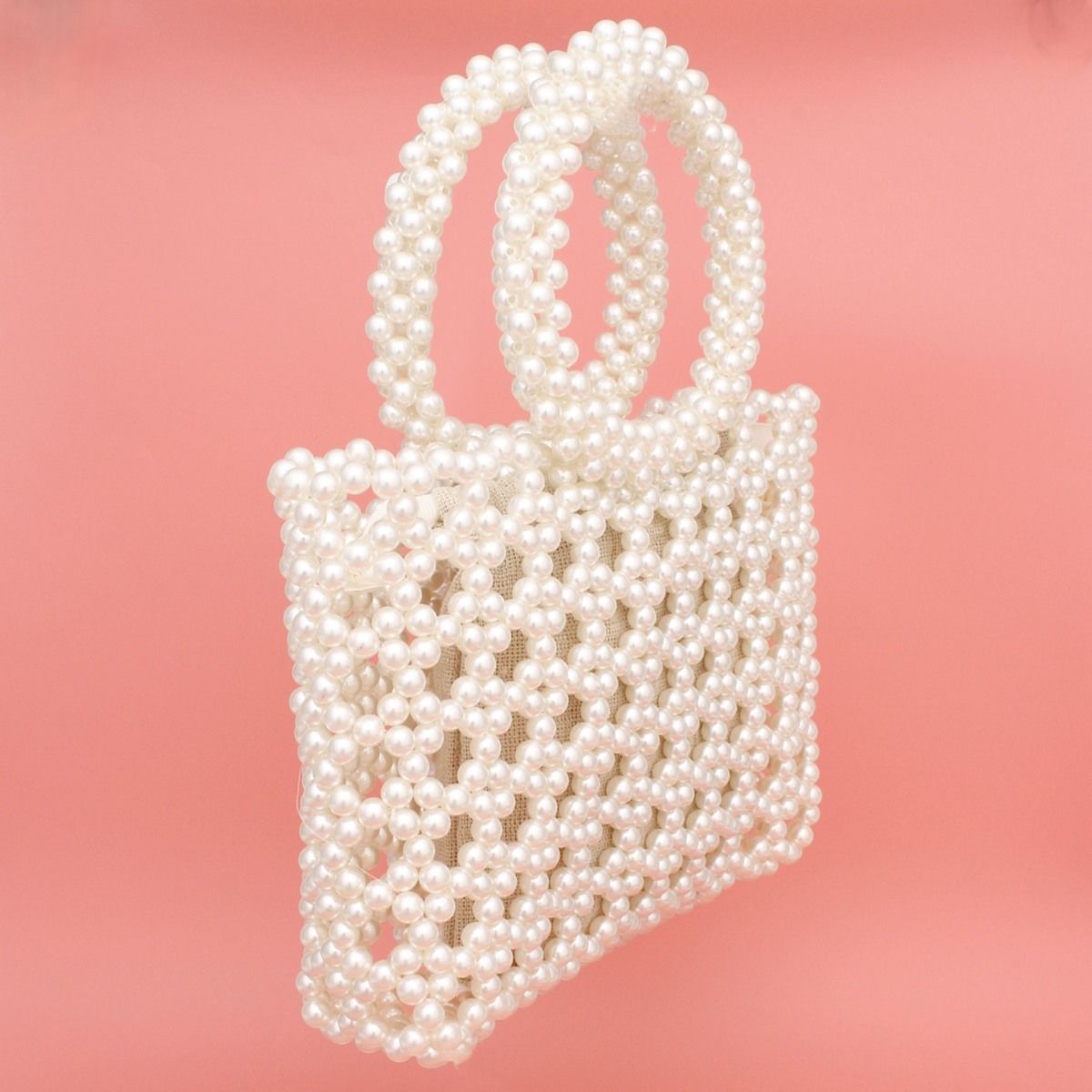 Fashion Handbag Top Handle Square Cream Pearl Woven Chic Statement Bag