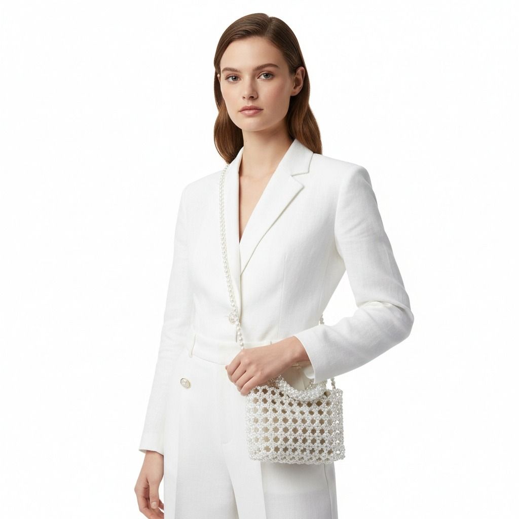 Fashion Handbag Top Handle Square Cream Pearl Woven Chic Statement Bag