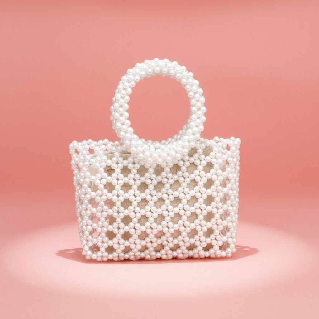 Fashion Handbag Top Handle Square Cream Pearl Woven Chic Statement Bag