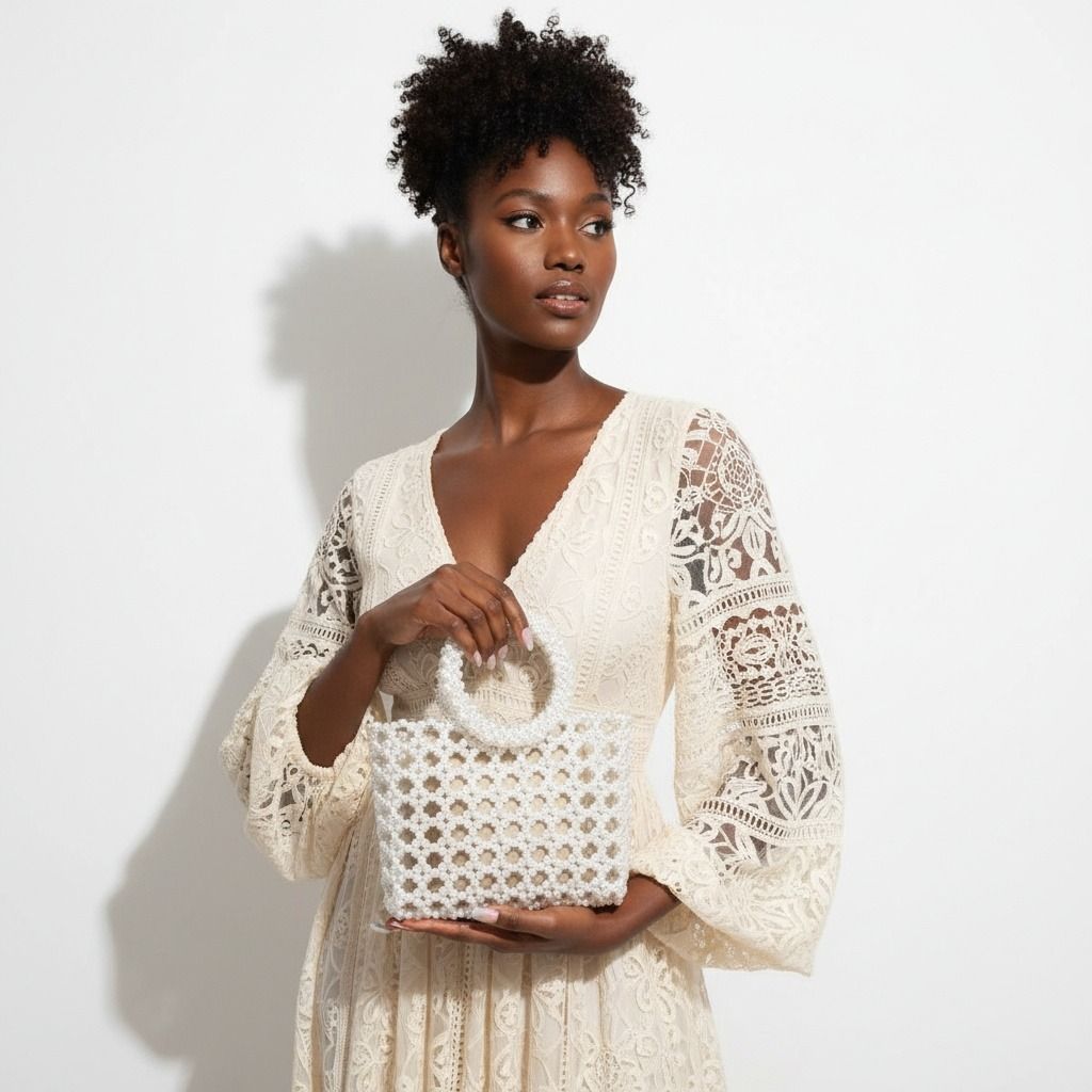 Fashion Handbag Top Handle Square White Pearl Woven Chic Statement Bag