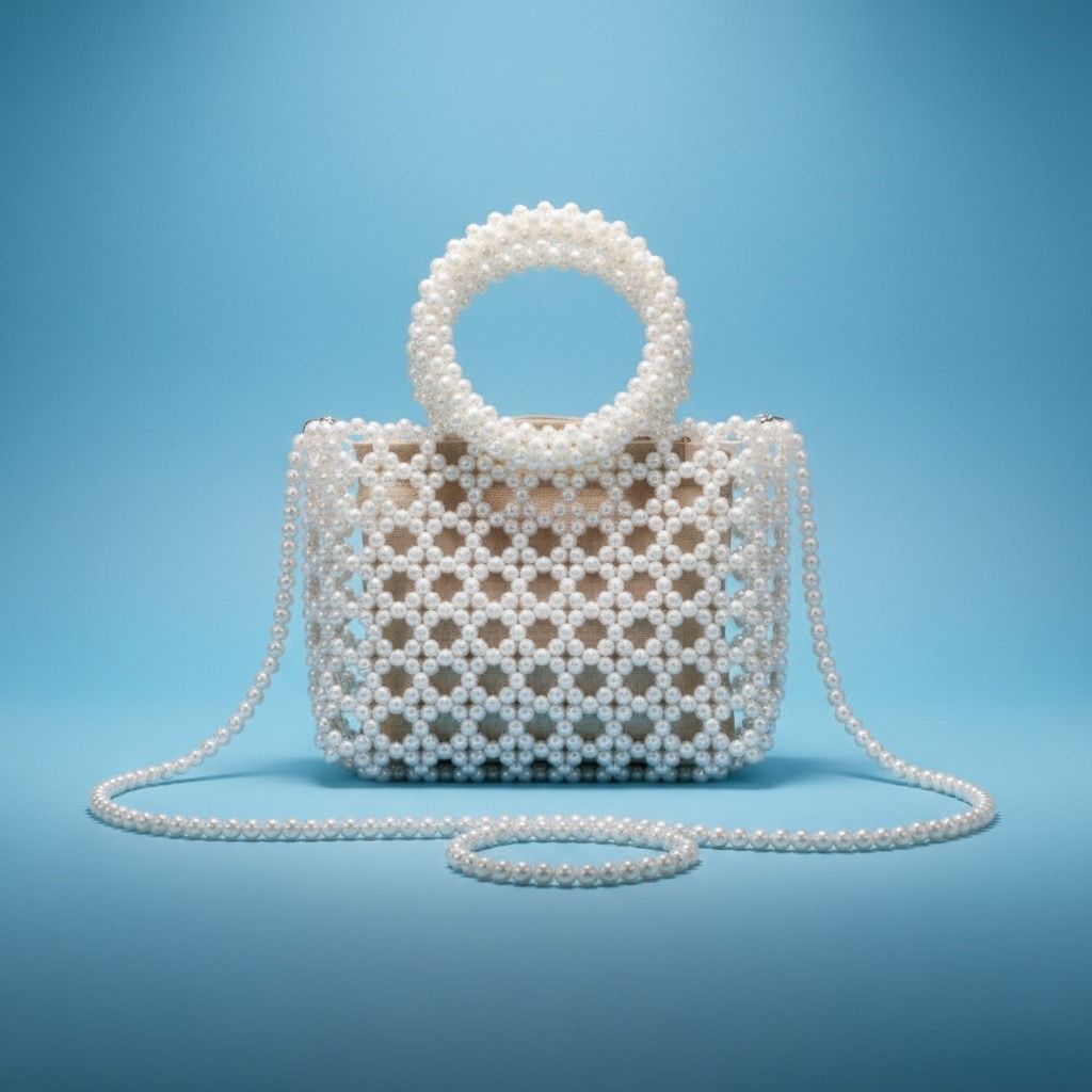 Fashion Handbag Top Handle Square White Pearl Woven Chic Statement Bag