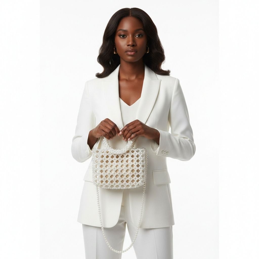 Fashion Handbag Top Handle Square White Pearl Woven Chic Statement Bag