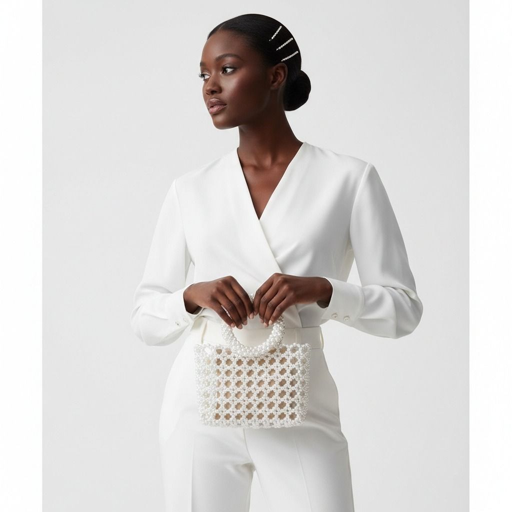Fashion Handbag Top Handle Square White Pearl Woven Chic Statement Bag