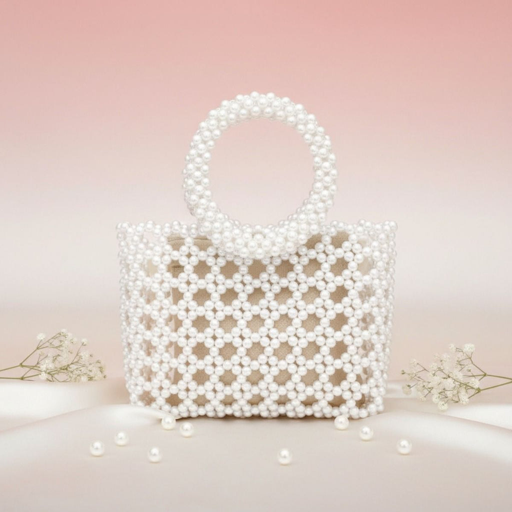 Fashion Handbag Top Handle Square White Pearl Woven Chic Statement Bag