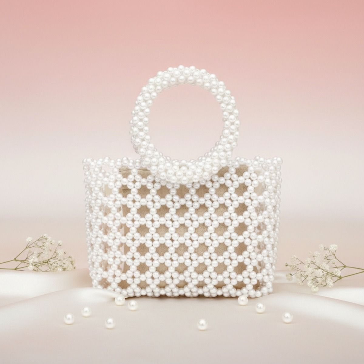 Fashion Handbag Top Handle Square White Pearl Woven Chic Statement Bag