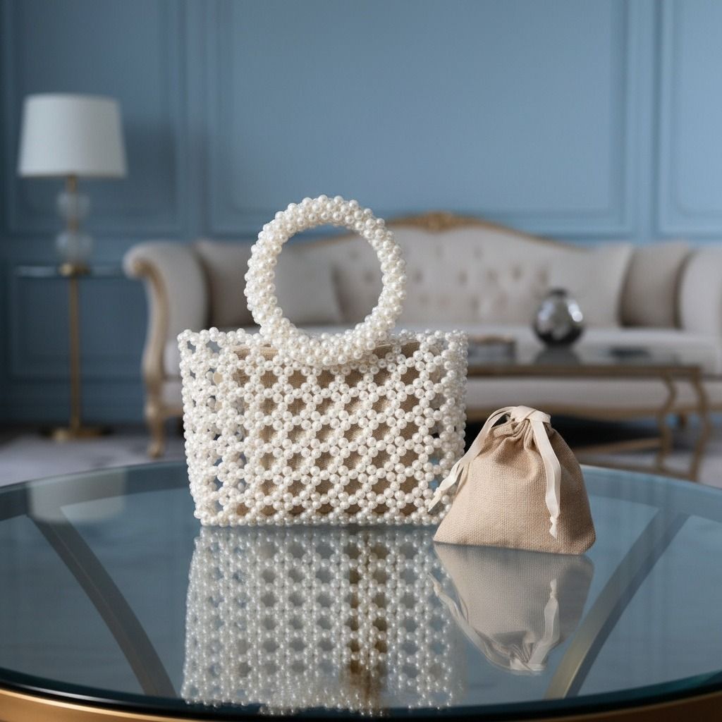 Fashion Handbag Top Handle Square White Pearl Woven Chic Statement Bag