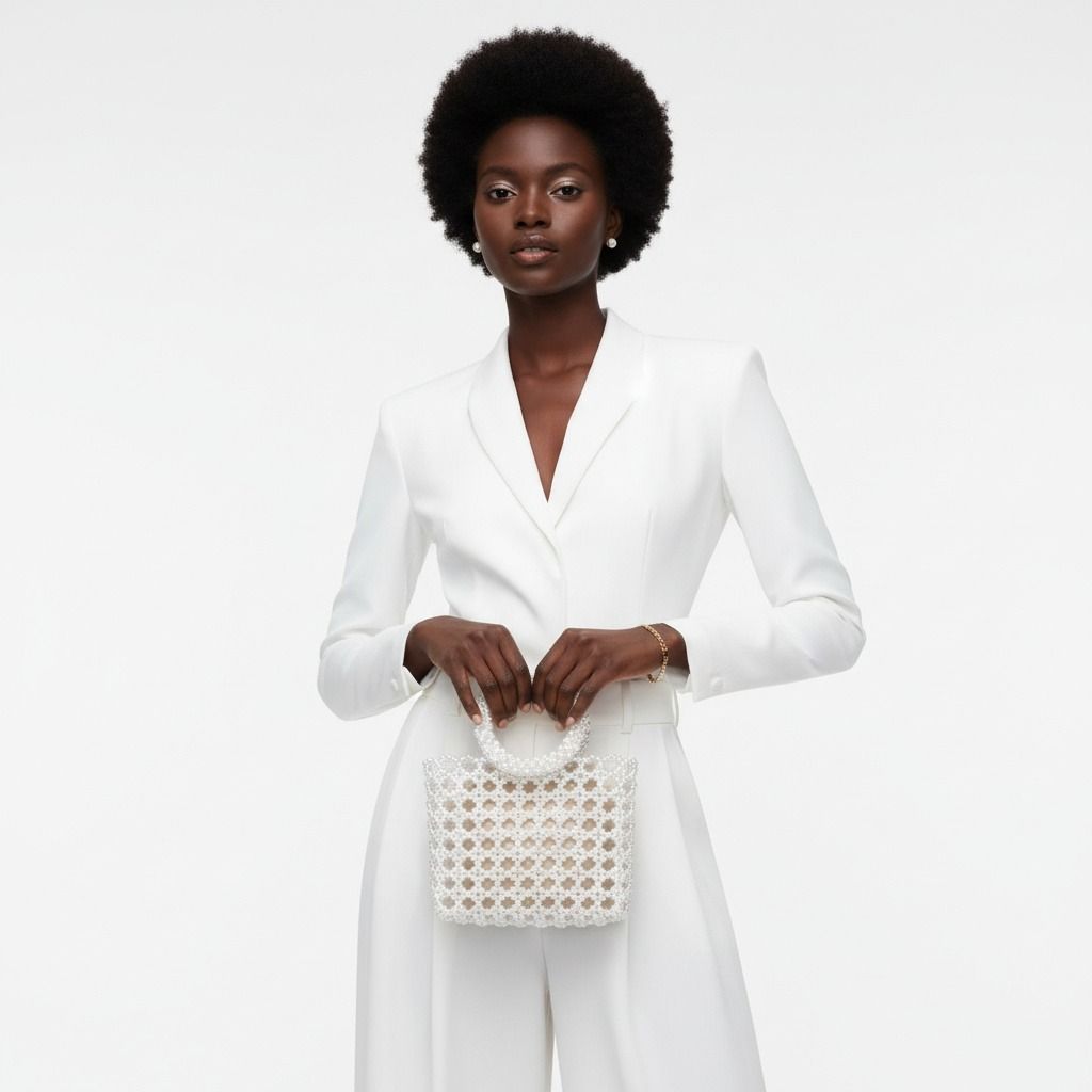 Fashion Handbag Top Handle Square White Pearl Woven Chic Statement Bag