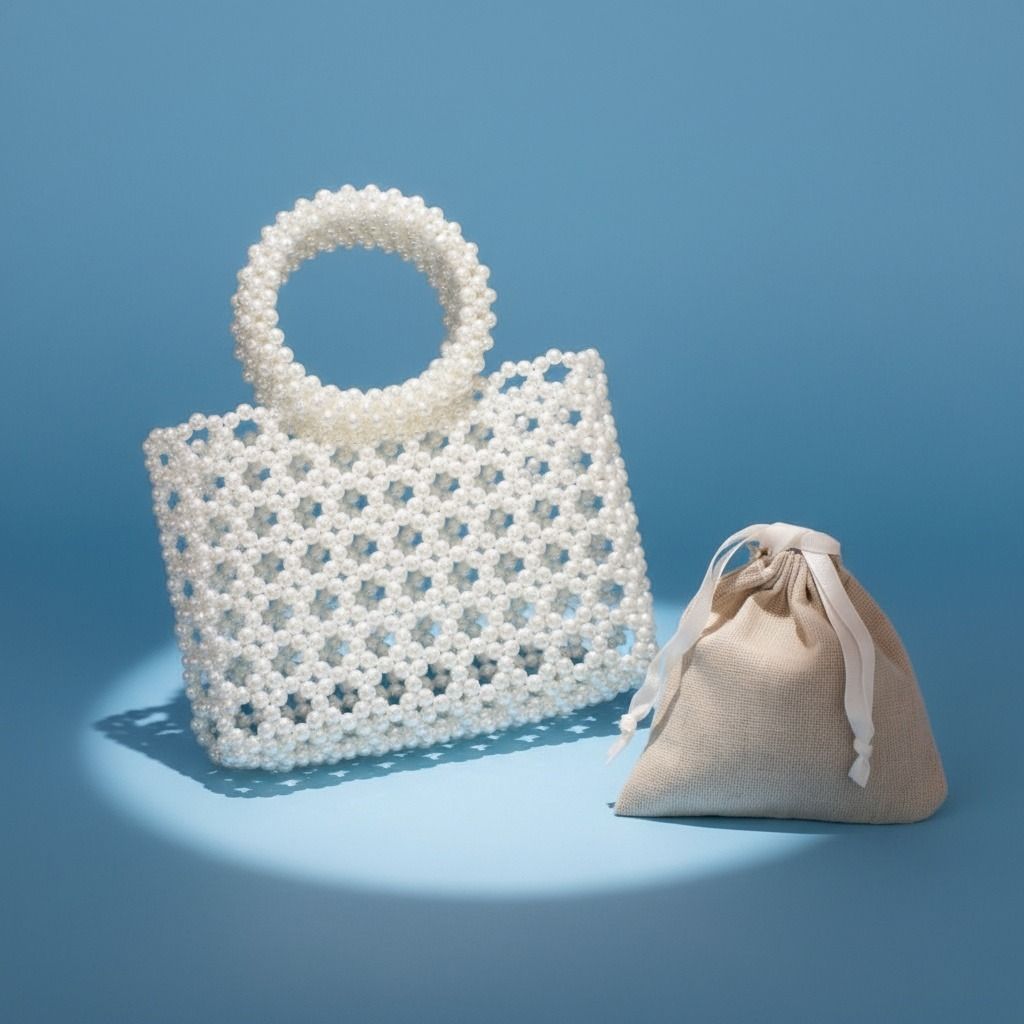 Fashion Handbag Top Handle Square White Pearl Woven Chic Statement Bag