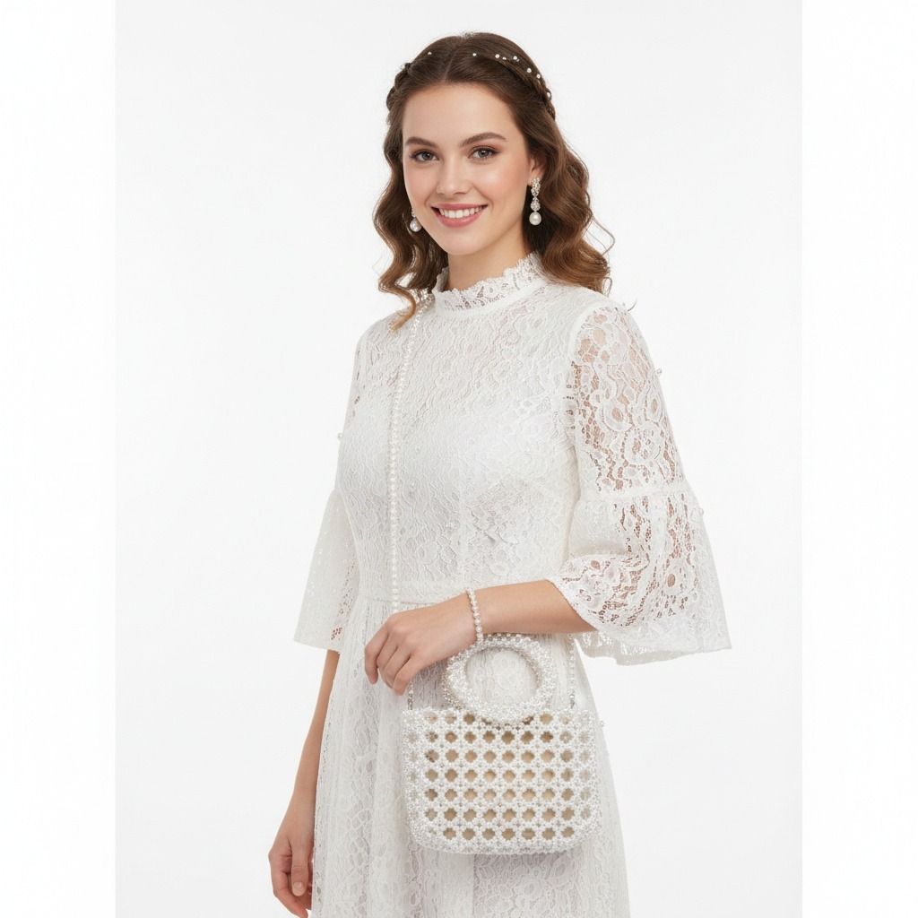 Fashion Handbag Top Handle Square White Pearl Woven Chic Statement Bag