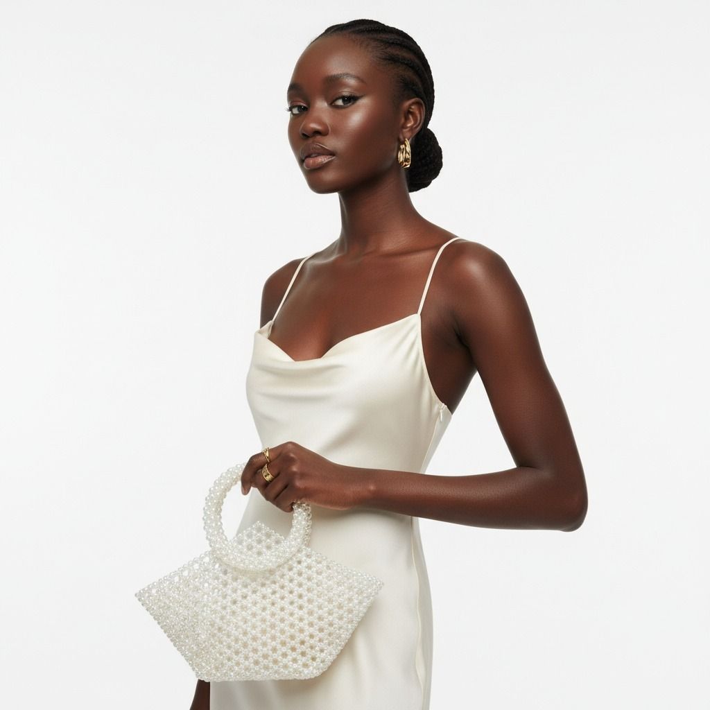 Fashion Handbag Top Handle Trapeze Cream Pearl Woven Stylish Bag