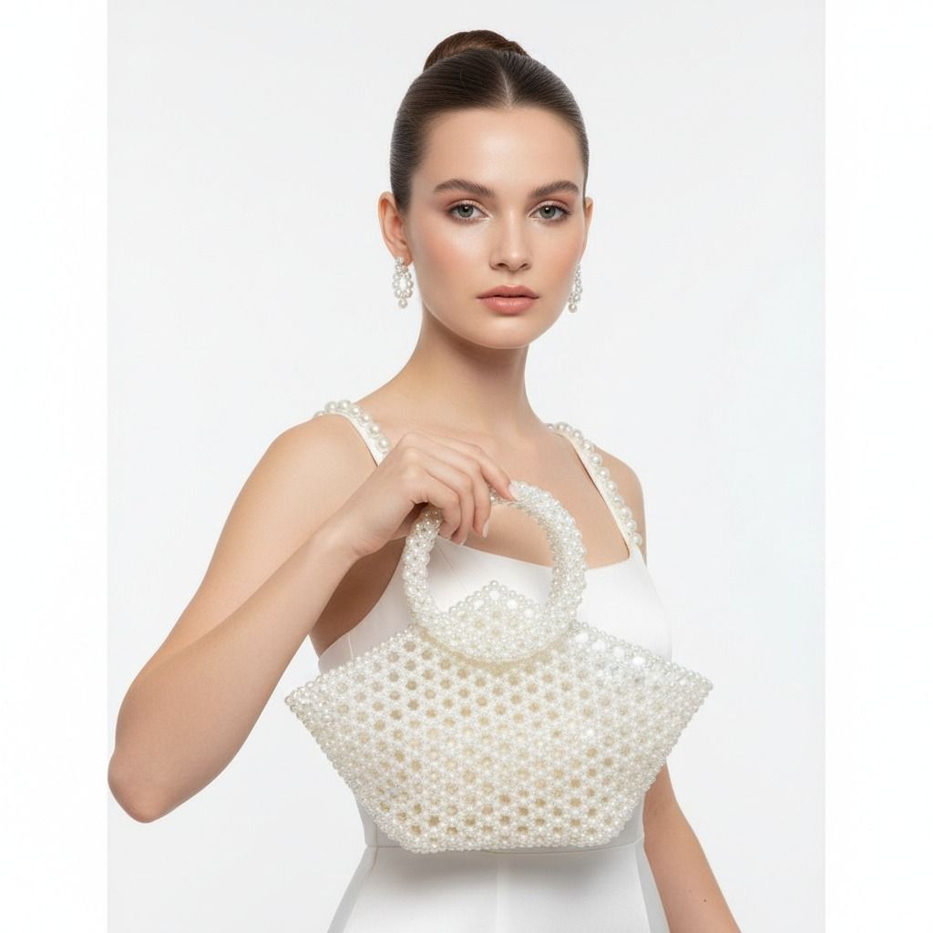 Fashion Handbag Top Handle Trapeze Cream Pearl Woven Stylish Bag