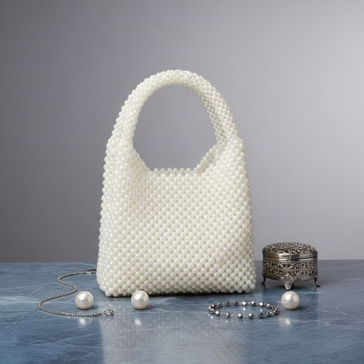 Fashion Handbag Top Handle Luxe White Pearl Hollywood Stylish Chic