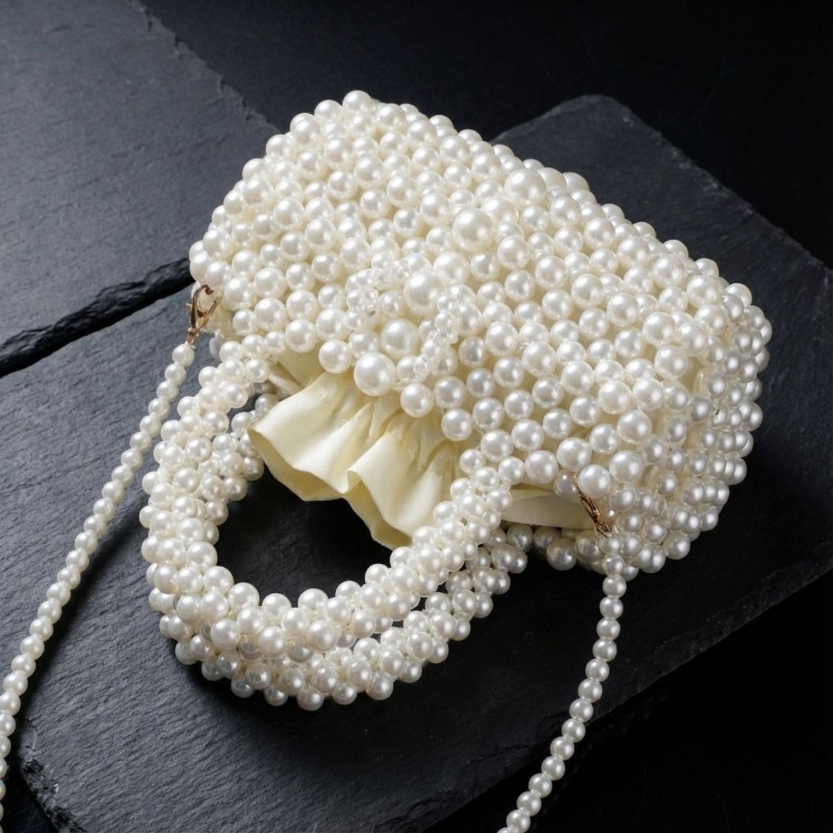 Fashion Handbag Barrel Bag Luminous Cream Pearl Woven Stylish Statement