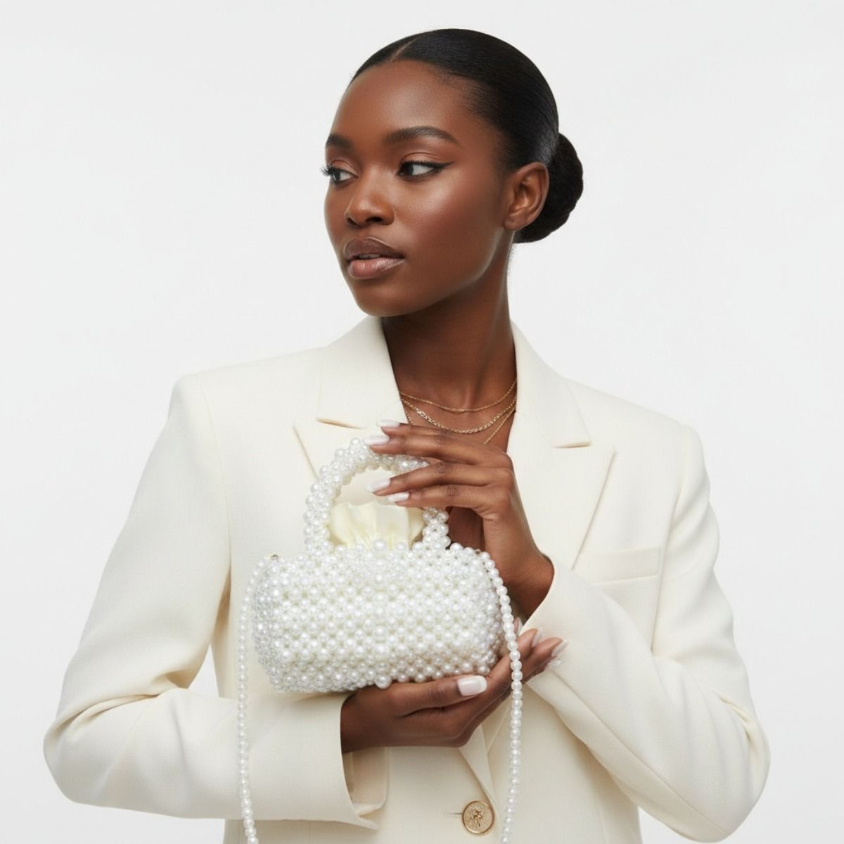 Fashion Handbag Barrel Bag Luminous Cream Pearl Woven Stylish Statement