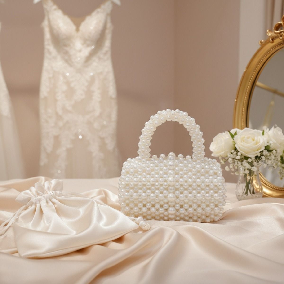Fashion Handbag Barrel Bag Luminous Cream Pearl Woven Stylish Statement