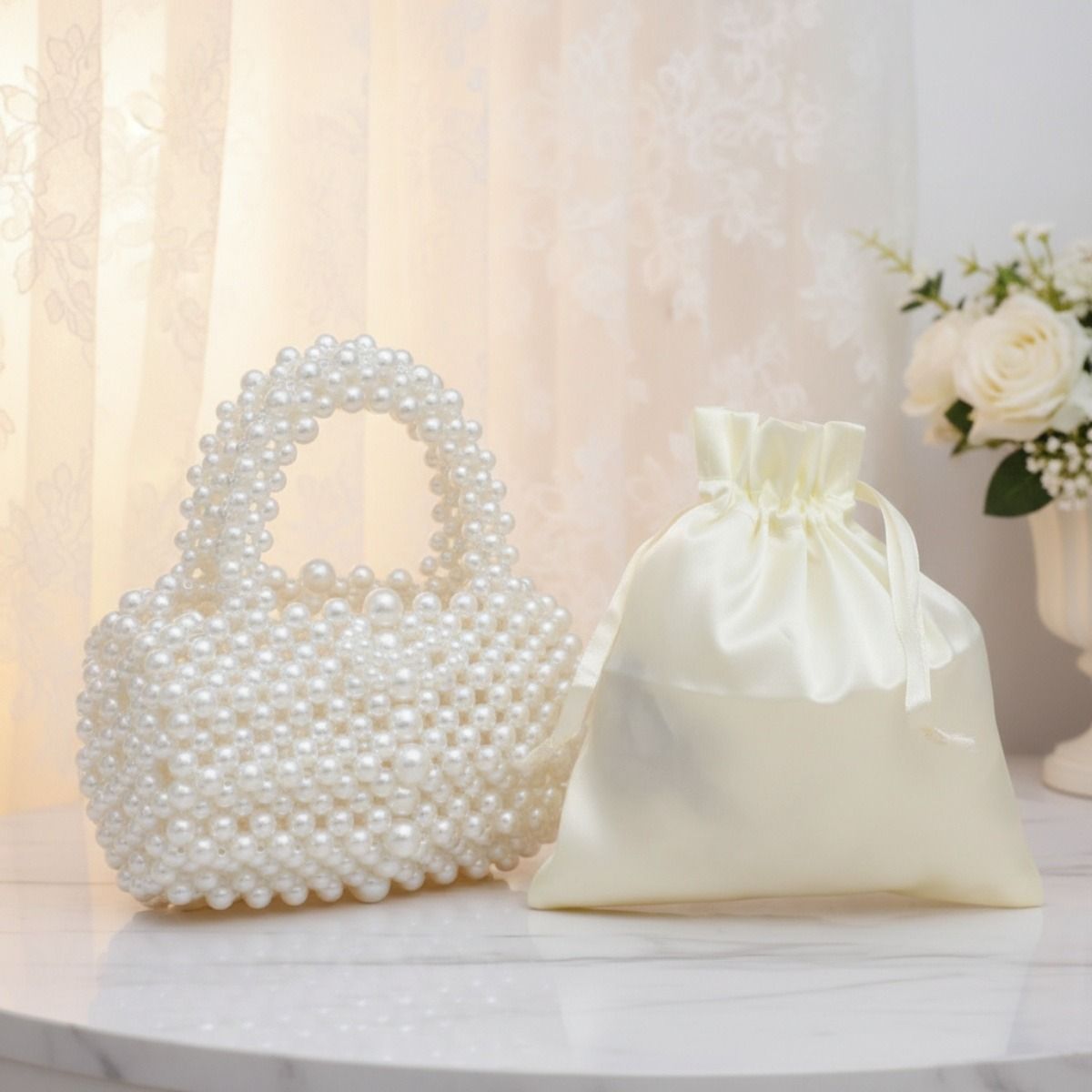 Fashion Handbag Barrel Bag Luminous Cream Pearl Woven Stylish Statement