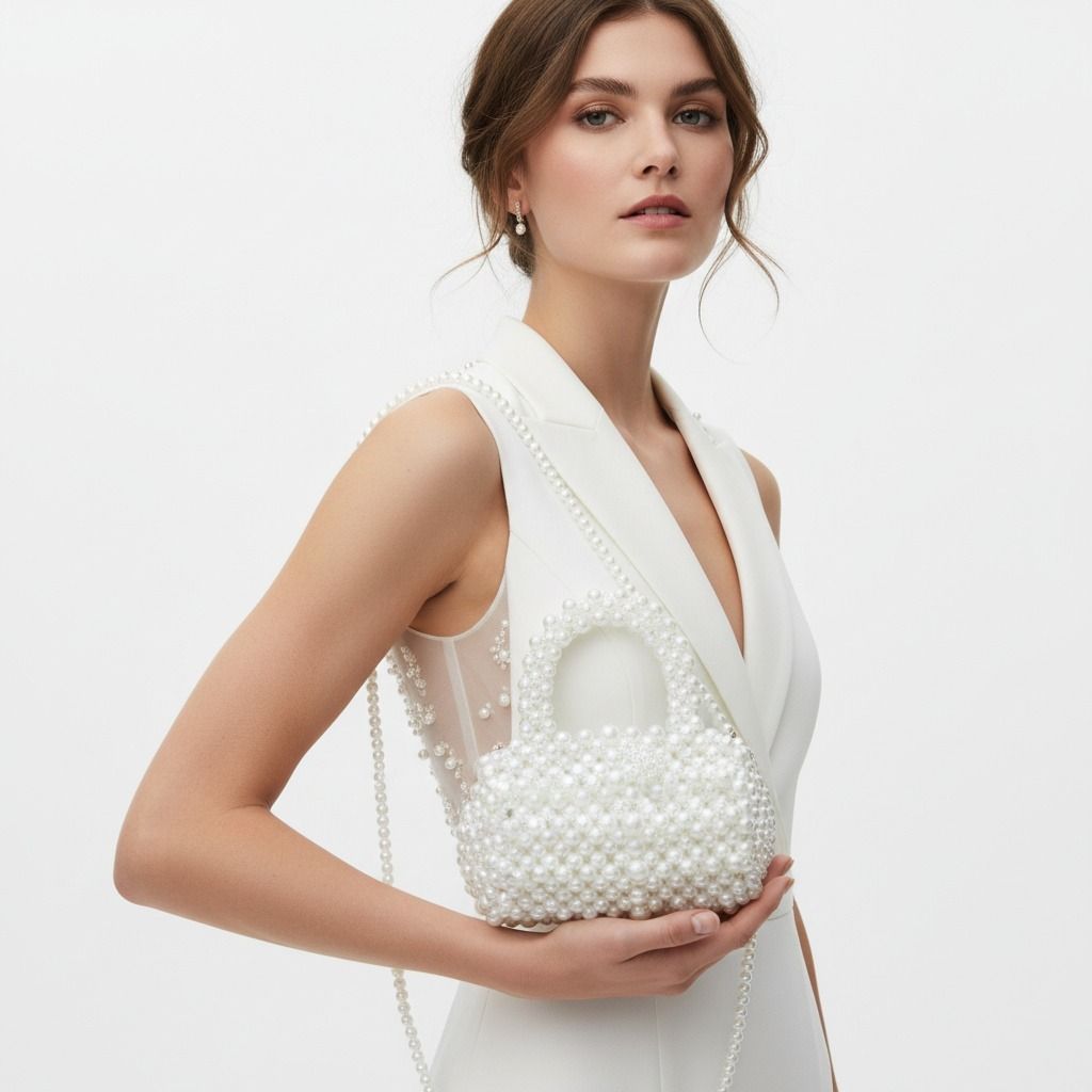 Fashion Handbag Barrel Bag Luminous Cream Pearl Woven Stylish Statement