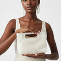 Fashion Handbag Vintage Cream Clutch with Pearl Cut Out Handle Stylish Chic Accessory