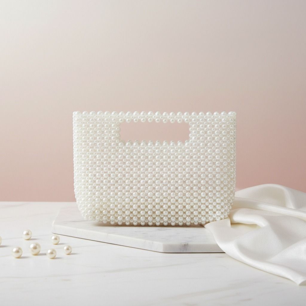 Fashion Handbag Vintage Cream Clutch with Pearl Cut Out Handle Stylish Chic Accessory
