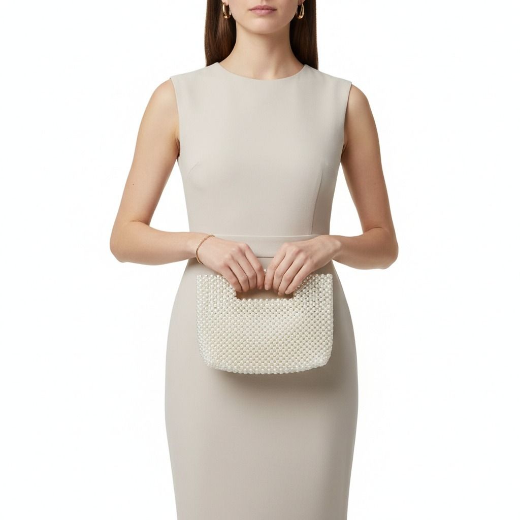 Fashion Handbag Vintage Cream Clutch with Pearl Cut Out Handle Stylish Chic Accessory