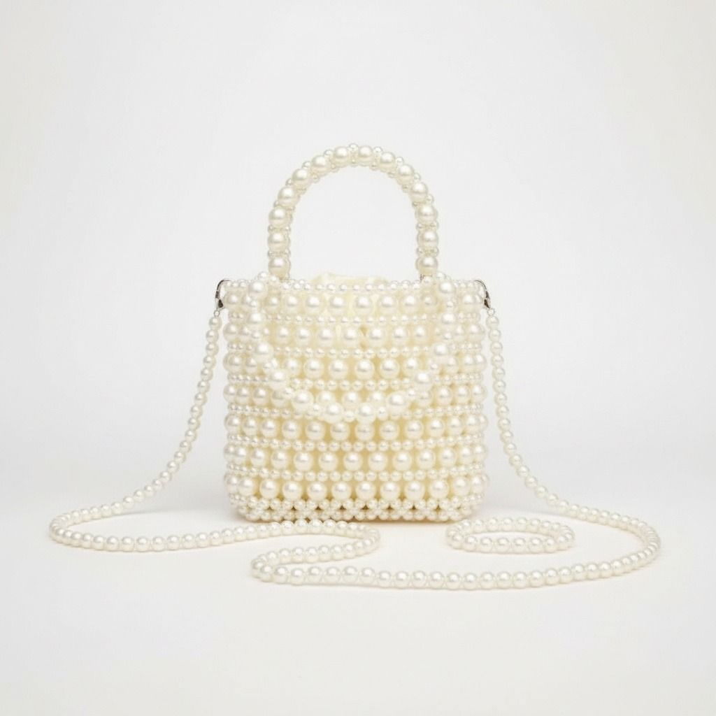 Fashion Handbag Vintage Woven Cream Pearl Crossbody Bag with Top Handle Chic Statement Accessory