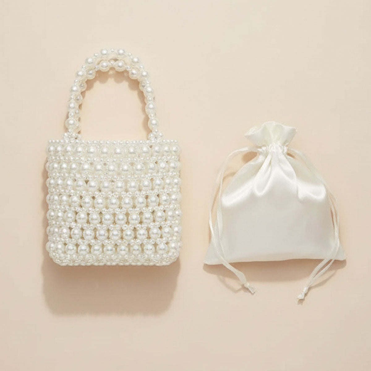 Fashion Handbag Vintage Woven Cream Pearl Crossbody Bag with Top Handle Chic Statement Accessory