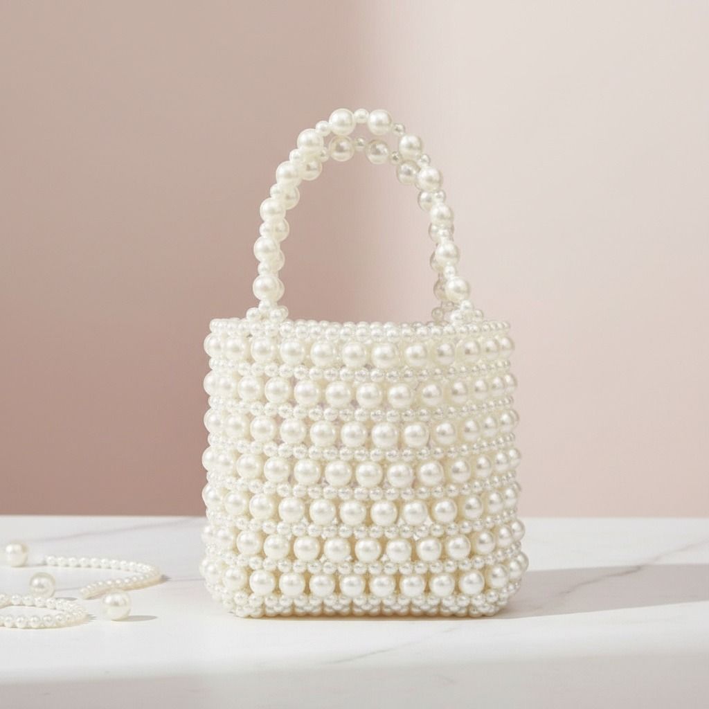 Fashion Handbag Vintage Woven Cream Pearl Crossbody Bag with Top Handle Chic Statement Accessory