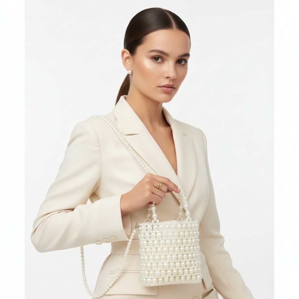 Fashion Handbag Vintage Woven Cream Pearl Crossbody Bag with Top Handle Chic Statement Accessory