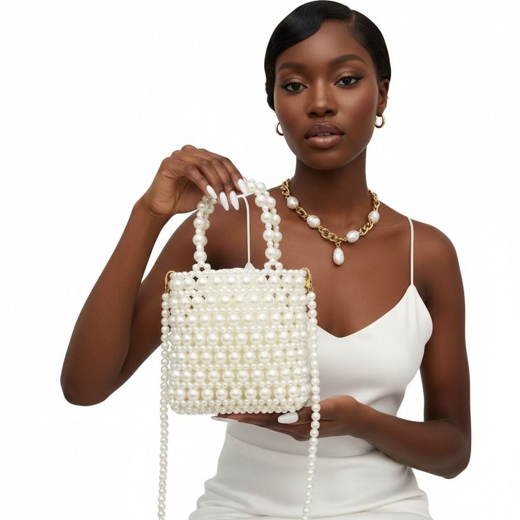 Fashion Handbag Vintage Woven Cream Pearl Crossbody Bag with Top Handle Chic Statement Accessory