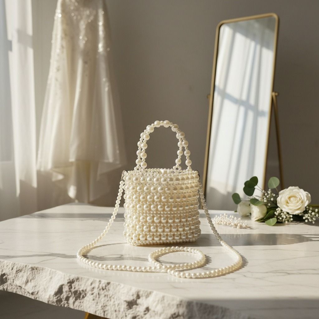 Fashion Handbag Vintage Woven Cream Pearl Crossbody Bag with Top Handle Chic Statement Accessory