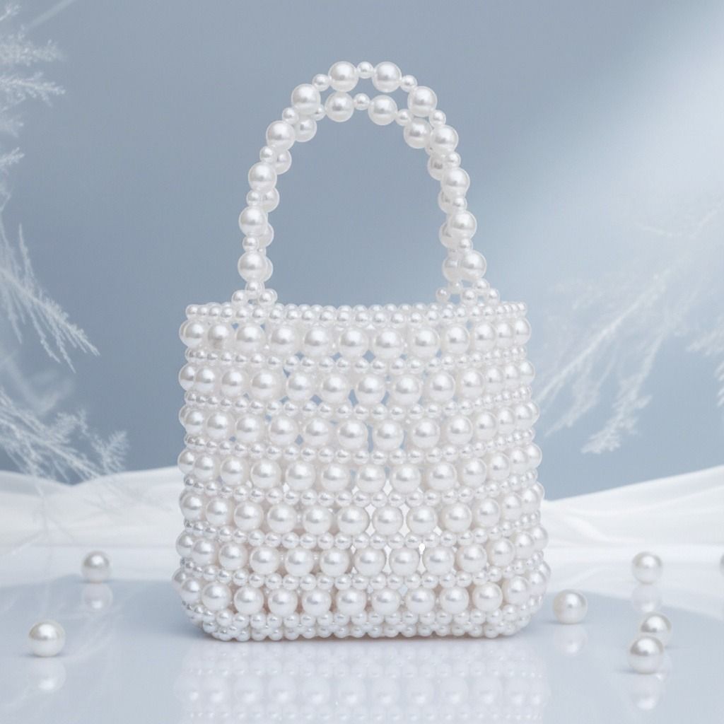 Fashion Handbag Vintage Woven White Pearl Crossbody Bag with Top Handle, Stylish and Chic