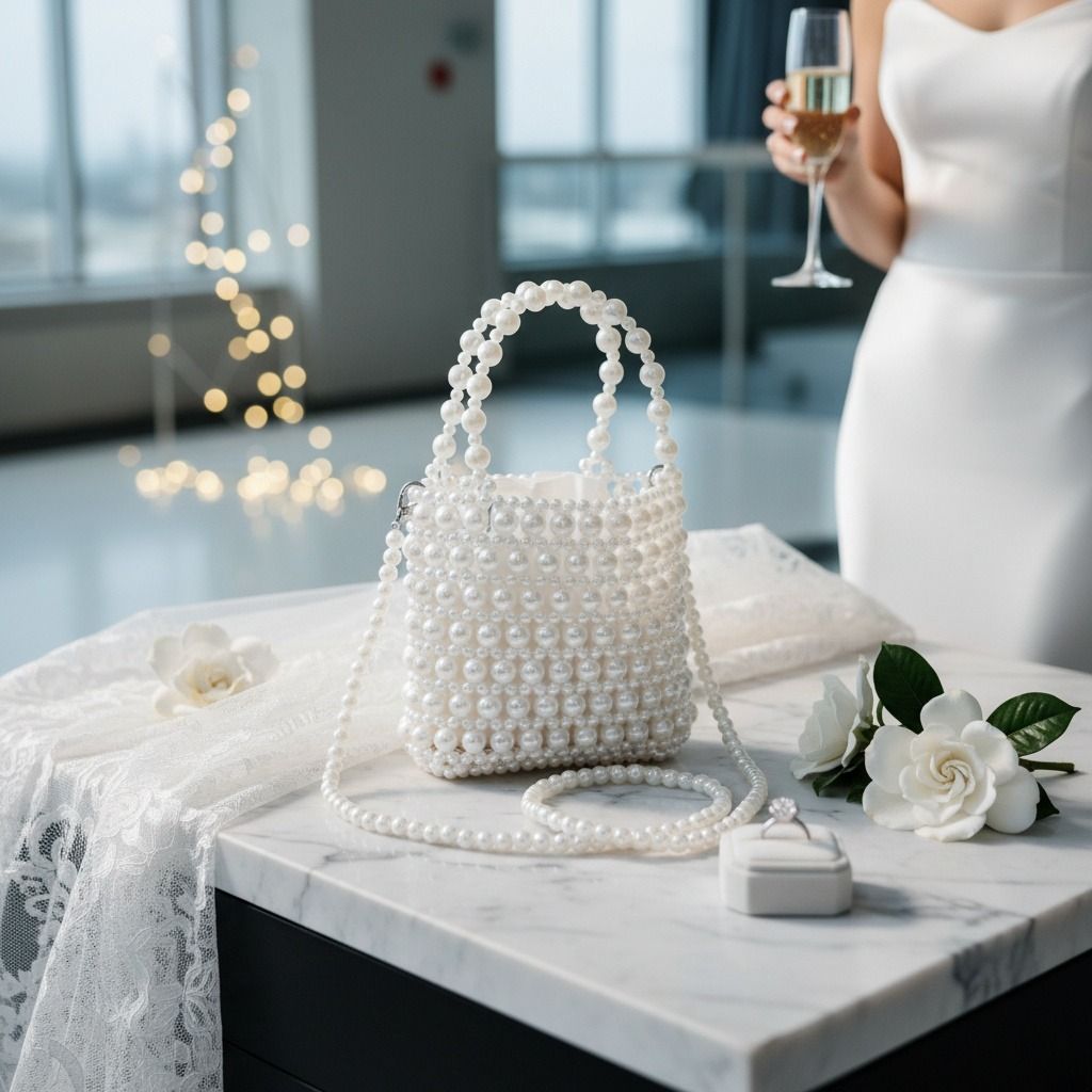 Fashion Handbag Vintage Woven White Pearl Crossbody Bag with Top Handle, Stylish and Chic