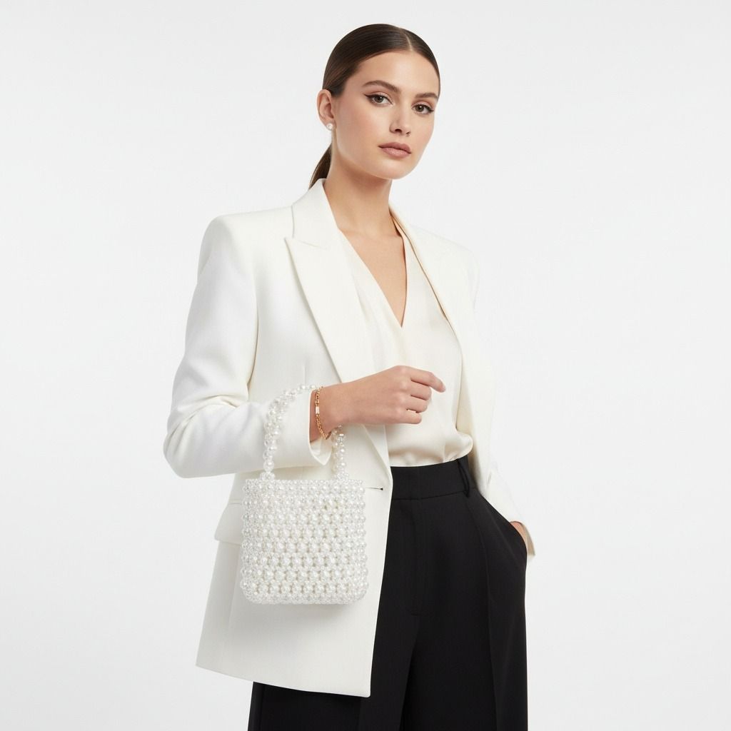 Fashion Handbag Vintage Woven White Pearl Crossbody Bag with Top Handle, Stylish and Chic