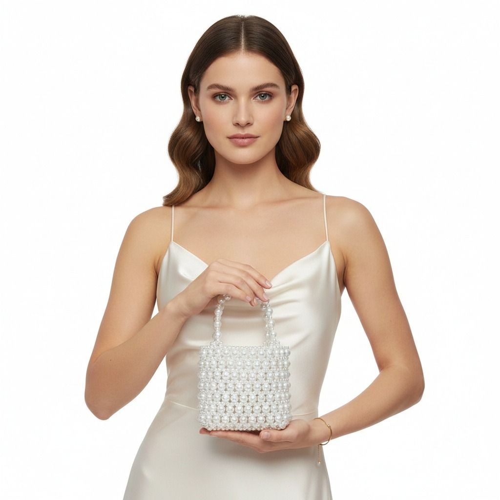 Fashion Handbag Vintage Woven White Pearl Crossbody Bag with Top Handle, Stylish and Chic