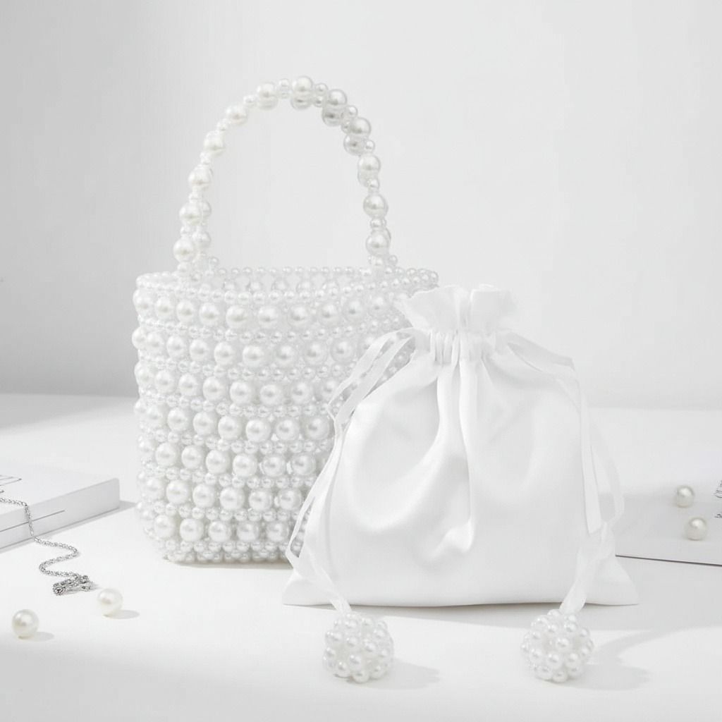 Fashion Handbag Vintage Woven White Pearl Crossbody Bag with Top Handle, Stylish and Chic