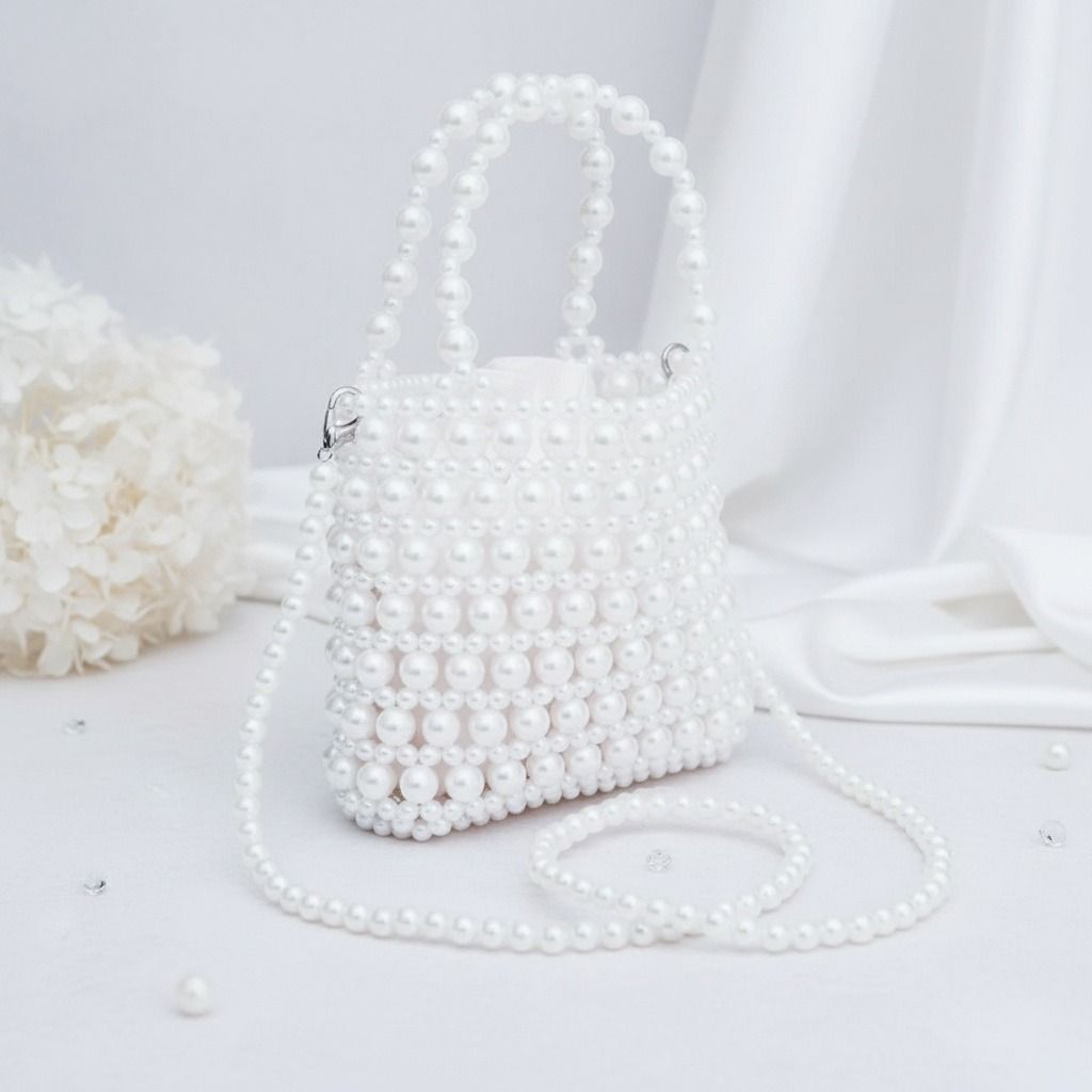 Fashion Handbag Vintage Woven White Pearl Crossbody Bag with Top Handle, Stylish and Chic