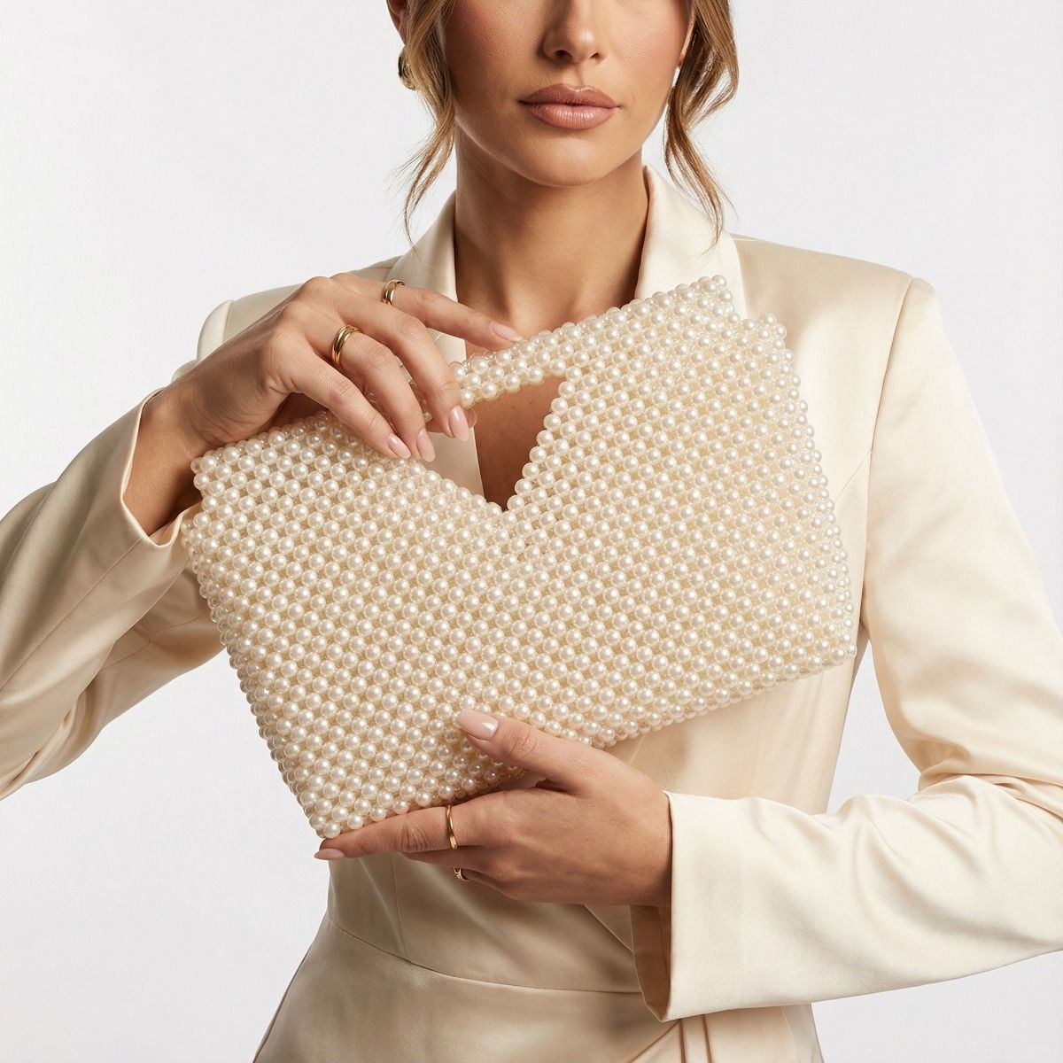 Fashion Handbag Cream Pearl Clutch Open Top Handmade Stylish Bag