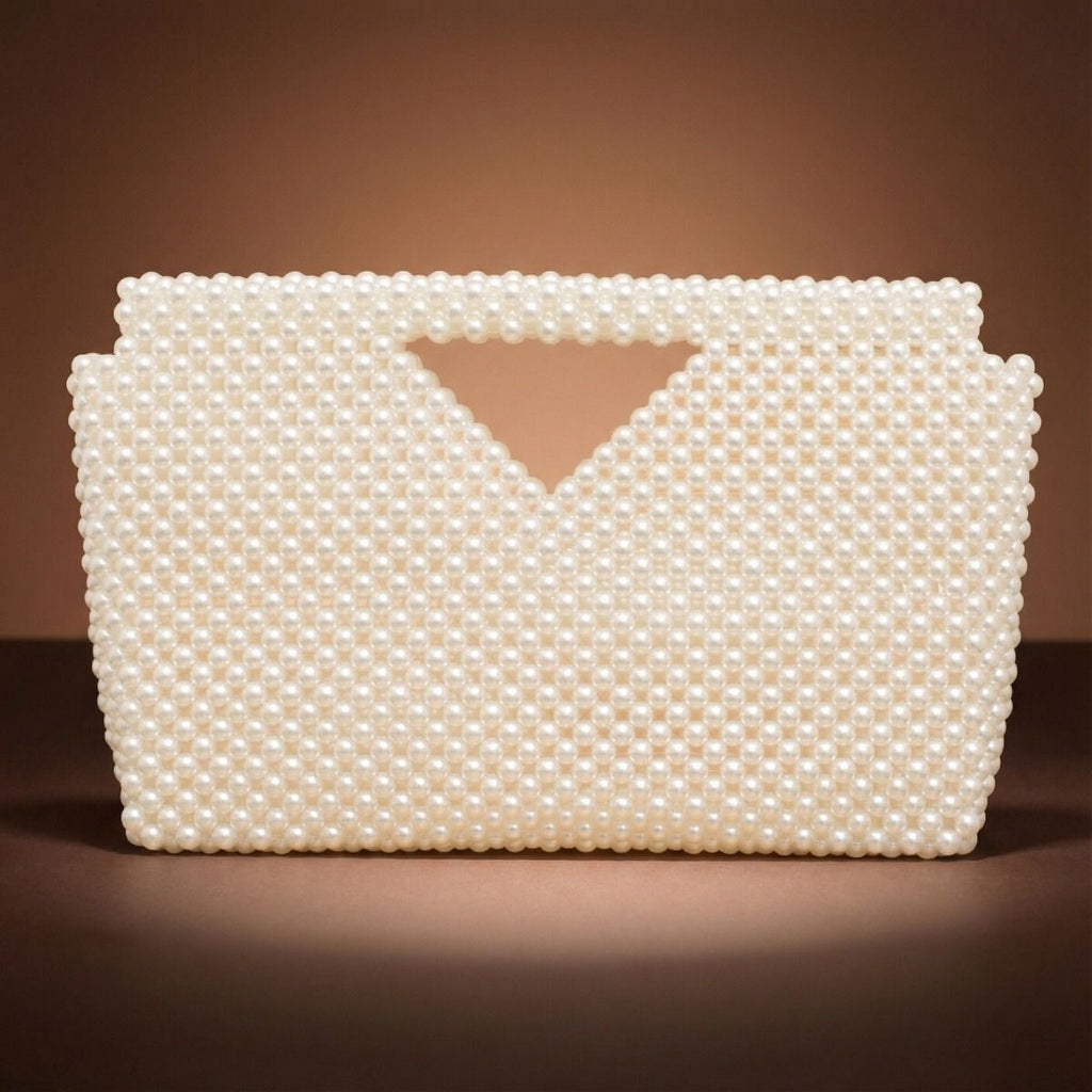 Fashion Handbag Cream Pearl Clutch Open Top Handmade Stylish Bag